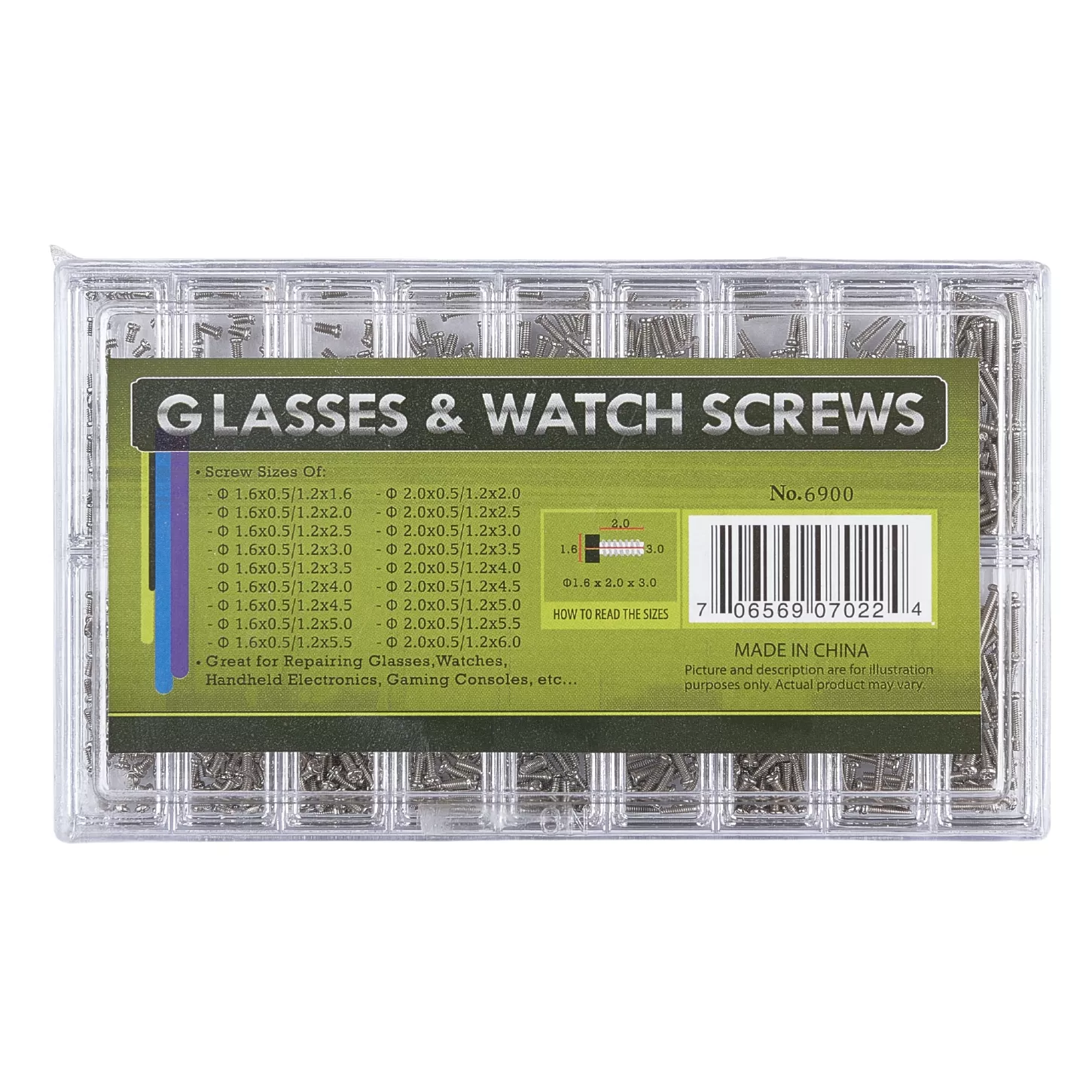 Caja de tornillos surtidos para relojes y gafas