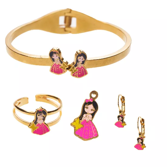 Set de aretes, cadena, pulsera y anillo para niñas