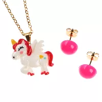 Juego de aretes y cadenas con dije de unicornio